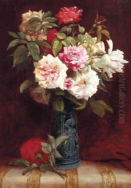Roses in a vase on a mantle - view 1