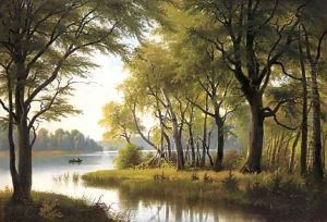Looking out from woodland to a rowing boat on a lake by Siegfried Hass
