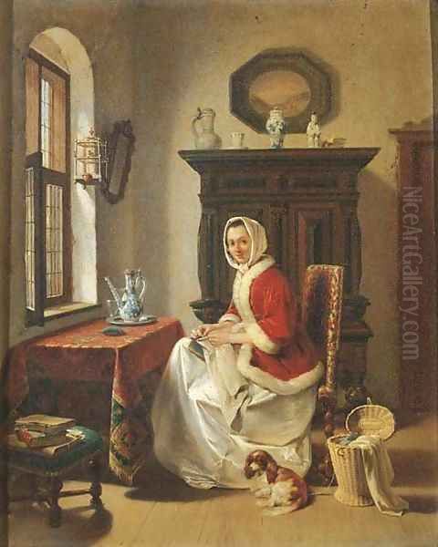 A young lady doing needlework in an interior - view 1