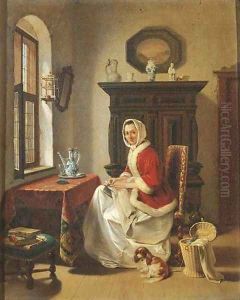 A young lady doing needlework in an interior