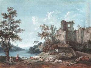 An extensive river landscape with the ruins of an abbey, shepherds in the foreground by Franois Huet