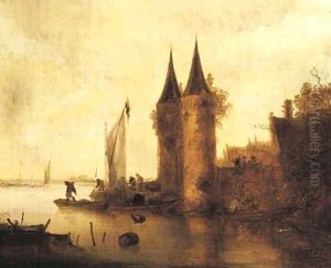 A river estuary with a sailing boat by a fortified town
