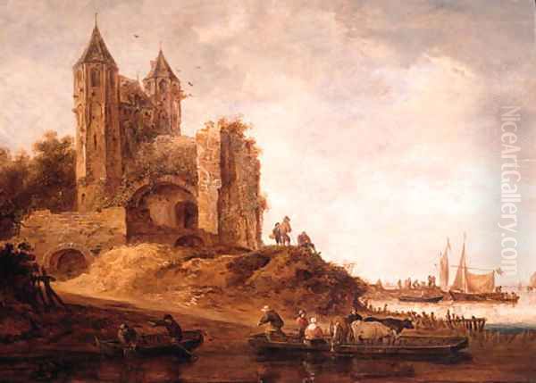 Peasants and cattle on a ferry near a landing stage by a ruined city gate, sailing vessels in a harbour beyond, on a cloudy day - view 1