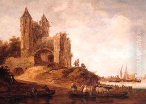 Peasants and cattle on a ferry near a landing stage by a ruined city gate, sailing vessels in a harbour beyond, on a cloudy day by Maerten Fransz. Van Der Hulft