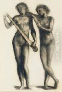 Two Nude Female Figures, One Holding A Musical Instrument