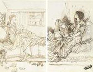 Two Caricatures Of May Gaskell Working On A Tapestry by Sir Edward Coley Burne-Jones