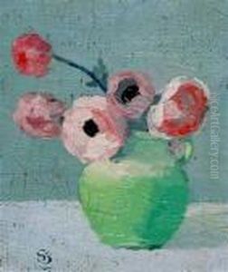 Still Life Of Pink Flowers In A Green Vase by Simon Albert Bussy
