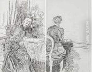 Studies Of A Woman Writing A Letter Andplaying A Piano (a Pair) by Mildred Anne Butler