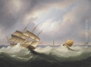 Frigate Off A Lighthouse by James E. Buttersworth