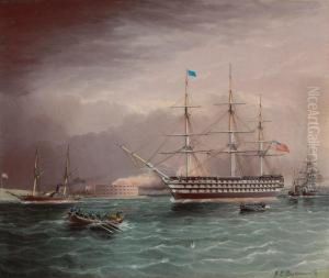 The U.s.s. Pennsylvania Under 
Tow At The Outbreak Of The Americancivil War With Fort Monroe In The 
Background by James E. Buttersworth