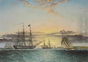 The U.s.s. Ohio Under Tow In The Lower Bay, New York With A View Of Fort Hamilton by James E. Buttersworth