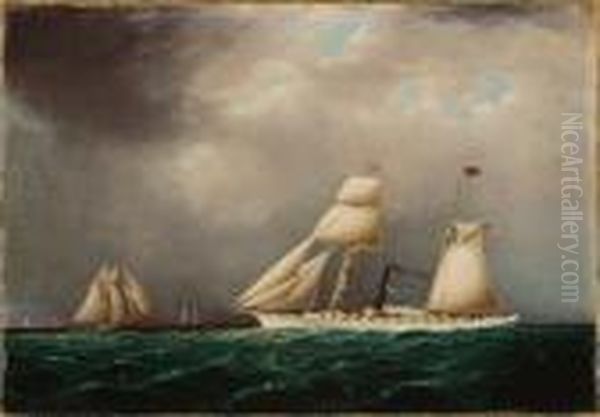 American Steam-sail Yacht Emily At Sea With Four Schooners Off Bow - view 1