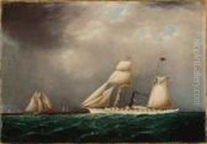 American Steam-sail Yacht Emily At Sea With Four Schooners Off Bow by James E. Buttersworth