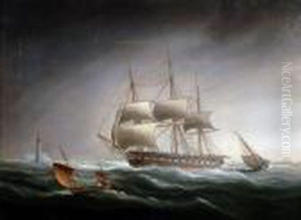 Naval Frigate In A Stormy Sea, With Lighthouse And Steamer In The Distance - view 1