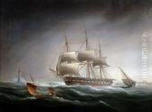 Naval Frigate In A Stormy Sea, With Lighthouse And Steamer In The Distance by James E. Buttersworth