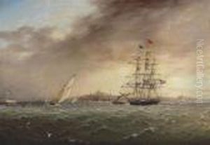 A Large Merchantman Being Towed
Into Boston Amidst Yachts Racingoffshore, A Panorama Of The City Beyond by James E. Buttersworth