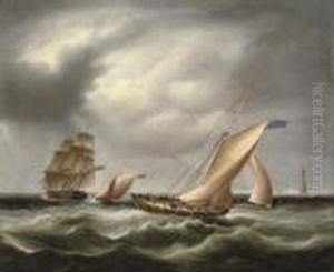 A Royal Navy Frigate Off The 
Bishop's Rock Lighthouse, With Twoarmed Cutters Off Her Stern by James E. Buttersworth