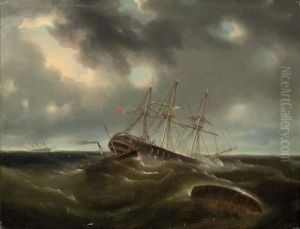 The Merchant Ship Lockwoods 
Caught In A Gale Off Liverpool, A Paddle Tug Arriving To Assist