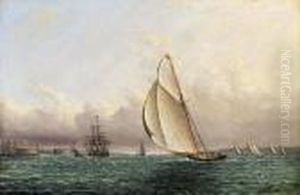 Racing In New York Harbor Off Castle William And Govenor's Island by James E. Buttersworth