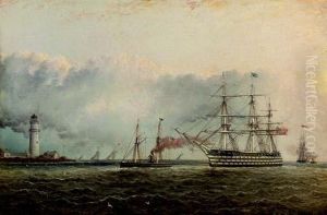 An American Ship Of The Line Under Tow Off A White Lighthouse by James E. Buttersworth