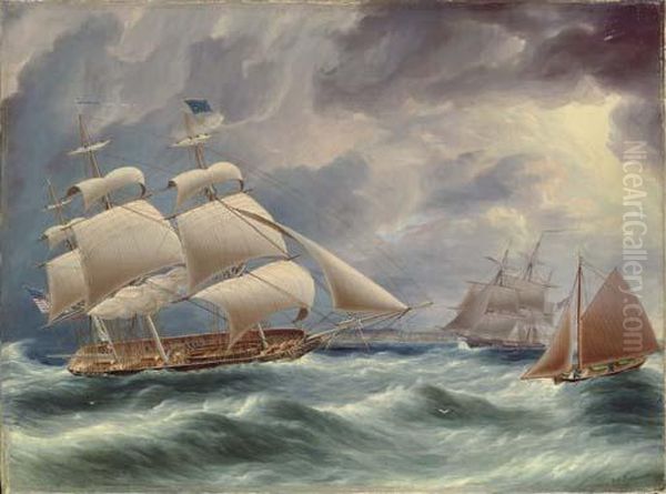 A Three-masted U.s. Merchantman 
Shortening Sail Off The Americancoast As The Pilot Cutter Approaches Her
 Starboard Beam - view 1