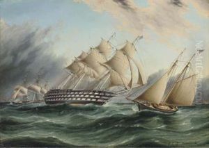 The American Ship Of The Line
Pennsylvania With A Schooner Yachtand An American Frigate Off Sandy Hook by James E. Buttersworth