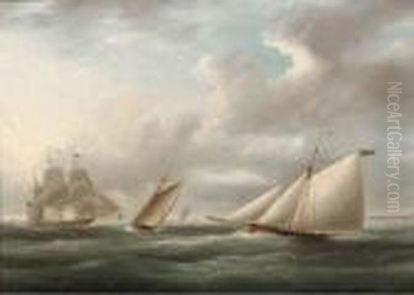 Two Racing Cutters On Opposite Tacks With A Royal Naval Frigate Offto Windward - view 1