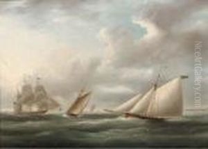 Two Racing Cutters On Opposite Tacks With A Royal Naval Frigate Offto Windward