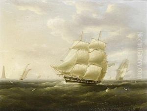 A British Frigate Bowling Down The Channel On A Breezy Day Past The Eddystone Lighthouse