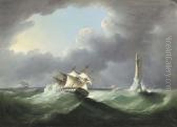 A Merchantman Reefed-down And Heeling In Heavy Seas Off The Eddystone Lighthouse - view 1