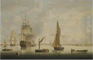 A British Man-of-war Being Towed Into Portsmouth Harbour By A Steamtug by Thomas Buttersworth