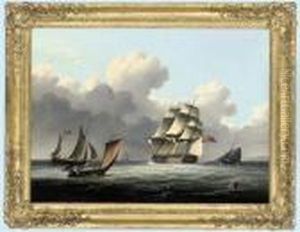 A Royal Naval Frigate Running Down The Channel Amidst Smallcraft