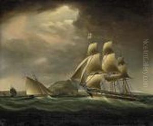 A Frigate And A Royal Navy Cutter In A Stiff Breeze Offgibraltar by Thomas Buttersworth