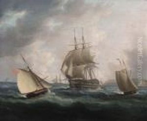A Man Of War And Further Shipping Off The Coast by Thomas Buttersworth