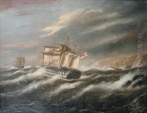 Frigates Off A Coast In Heavy Weather by Thomas Buttersworth