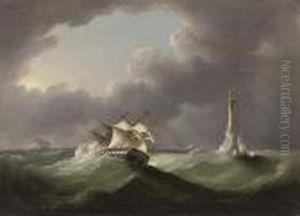 A Merchantman Reefed Down And Running Past The Eddystone Lighthousein A Gale by Thomas Buttersworth