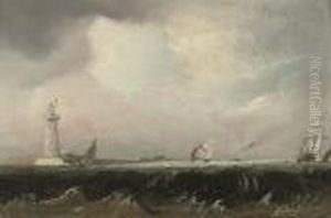 Shipping Off A Lighthouse In A Stiff Breeze by Thomas Buttersworth