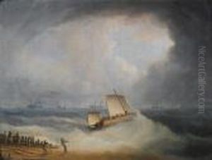 A Deal Lugger Going Off To Storm Bound Ships In The Downs by Thomas Buttersworth