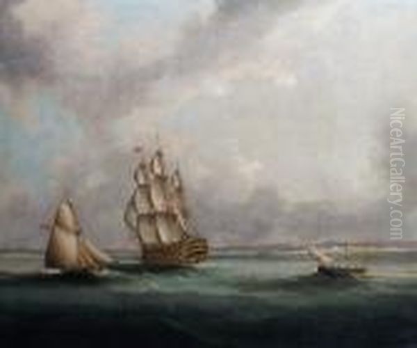A Ship-of-the-line Off Cadiz,
Probably The Flagship Of The Blockading Fleet, With An Armed Cutter Off
Her Port Beam by Thomas Buttersworth