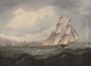 A Brig Running Under Full Sail In Mediterranean Waters by Thomas Buttersworth