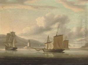 A Royal Naval Frigate Towing A
Lugger Past The Belem Tower With The Fleet Standing Out To Sea by Thomas Buttersworth