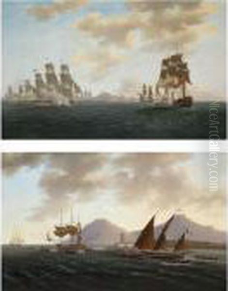 A French Frigate Pursuing A
British Merchant Vessel Out Of Harbour; An Action Between English And
French Vessels - view 1