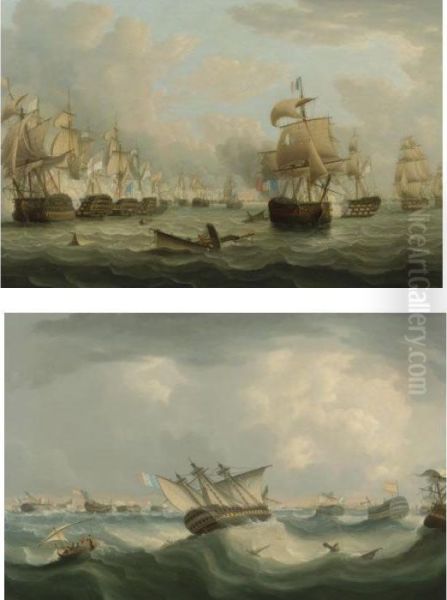 Trafalgar Morning: English
Men-of-war Attacking The Line And Trafalgar Evening: The French And
Spanish Fleet Returning To Cadiz Harbour, A Pair Of Works - view 1