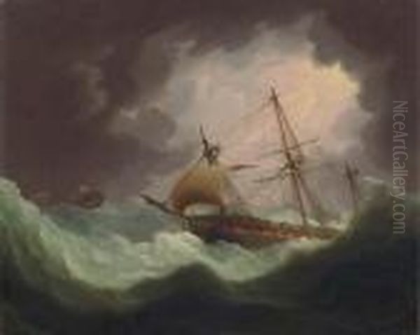 British Men-o'war Running Before
The Storm, The Dismasted Vessel Inthe Distance Flying An Inverted Red
Ensign - view 1