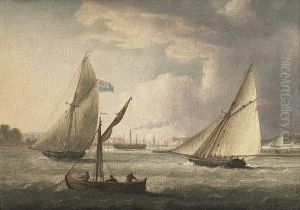 Naval Cutters Off A Harbour; A 
Big Cutter Ahead Of A Frigate Trying To Catch The Breeze Offshore