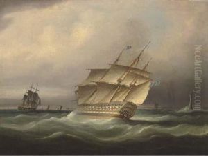 H.m.s. Britannia Bearing Away Down The Channel And Passing Theeddystone Lighthouse by Thomas Buttersworth