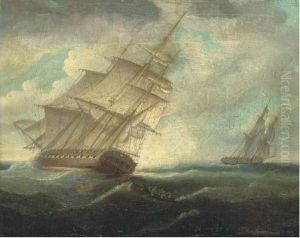 A British Frigate Heeling In The Breeze by Thomas Buttersworth