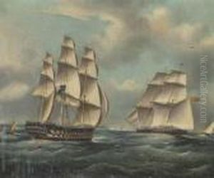 A British Two-decker Amidst Other Shipping In The Channel by Thomas Buttersworth