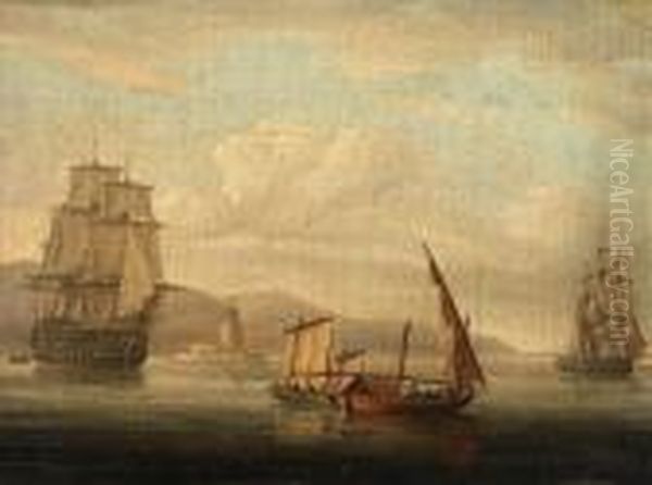 A British Man-o-war, A Frigate
And Local Craft In A Light Breeze Off A Mediterranean Lighthouse - view 1