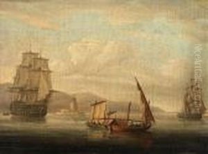 A British Man-o-war, A Frigate 
And Local Craft In A Light Breeze Off A Mediterranean Lighthouse